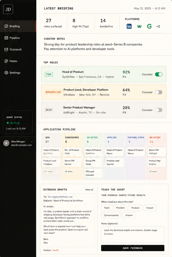 Job Directory dashboard: a daily briefing, fit-scored roles, an application pipeline, and outreach drafts.